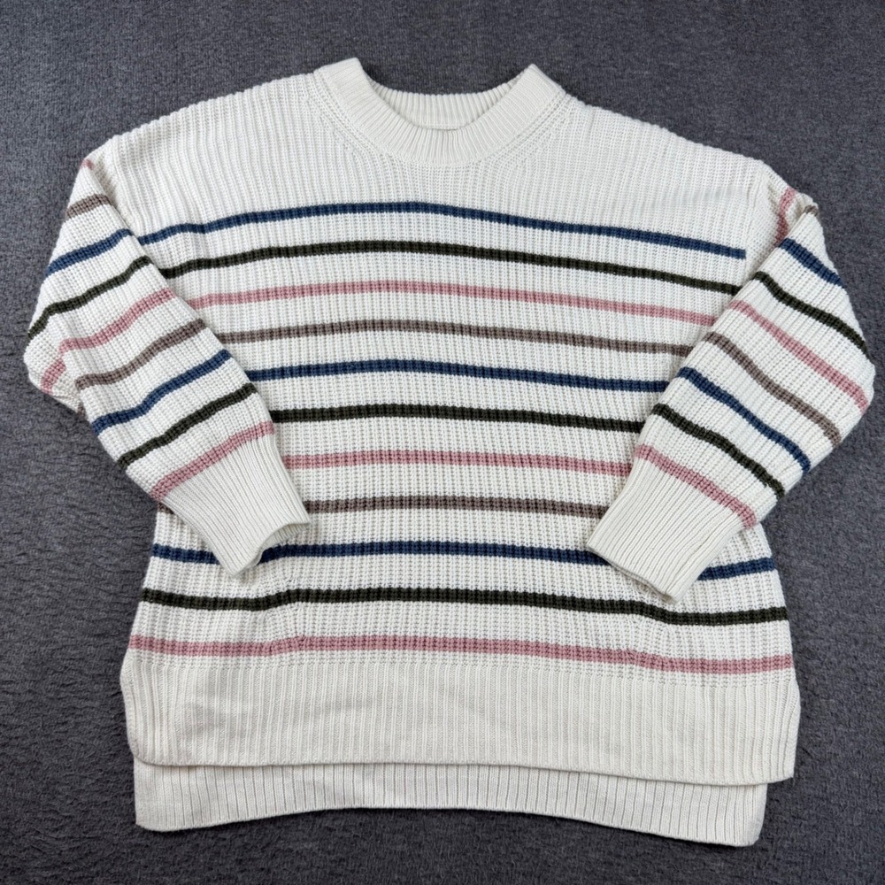 SO Sweater Women's XL White Striped Crewneck Ribbed Knit Pullover Long Sleeve